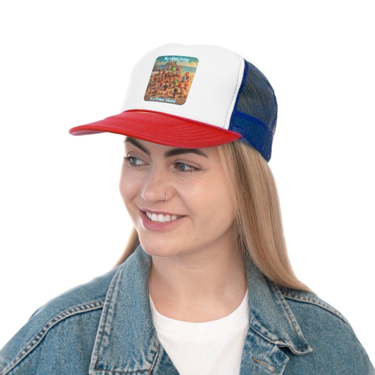 Goated Goods - Animal Xing - My other home is a 5-star island - Trucker Hat - Blue/Red - One size