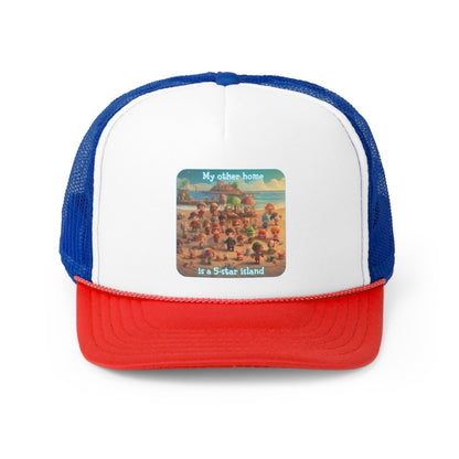 Goated Goods - Animal Xing - My other home is a 5-star island - Trucker Hat - Blue/Red - One size