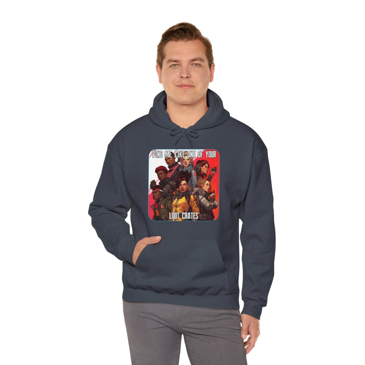 Goated Goods - Apex Legends - Ping Me Like One of Your Loot Crates - Unisex Hoodie - Heather Navy - S