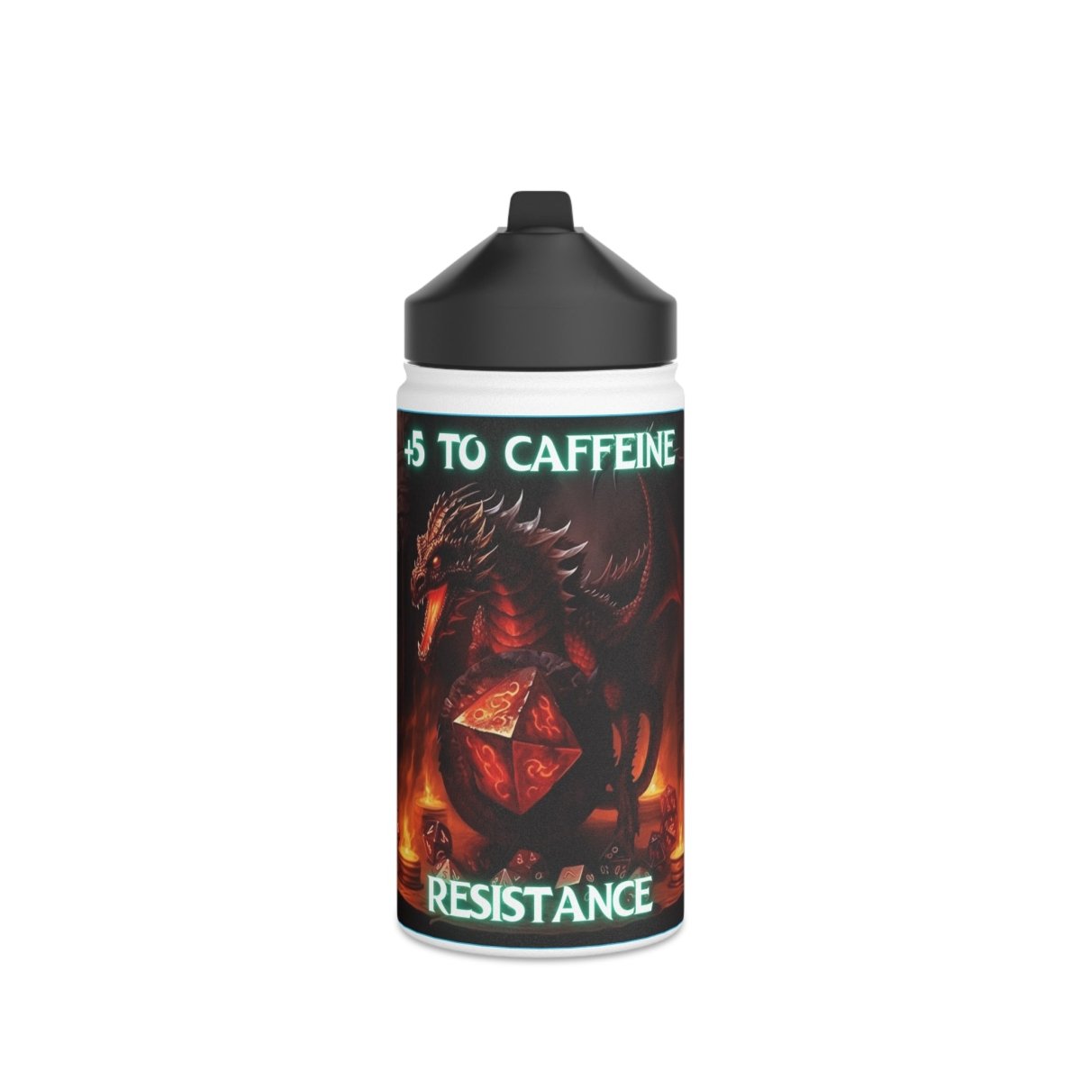 Goated Goods - D&D - +5 to Caffeine Resistance - Stainless Steel Water Bottle, Standard Lid - 12oz - White