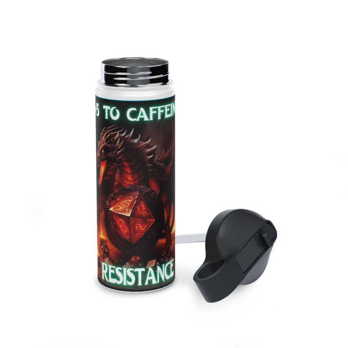 Goated Goods - D&D - +5 to Caffeine Resistance - Stainless Steel Water Bottle, Standard Lid - 18oz - White