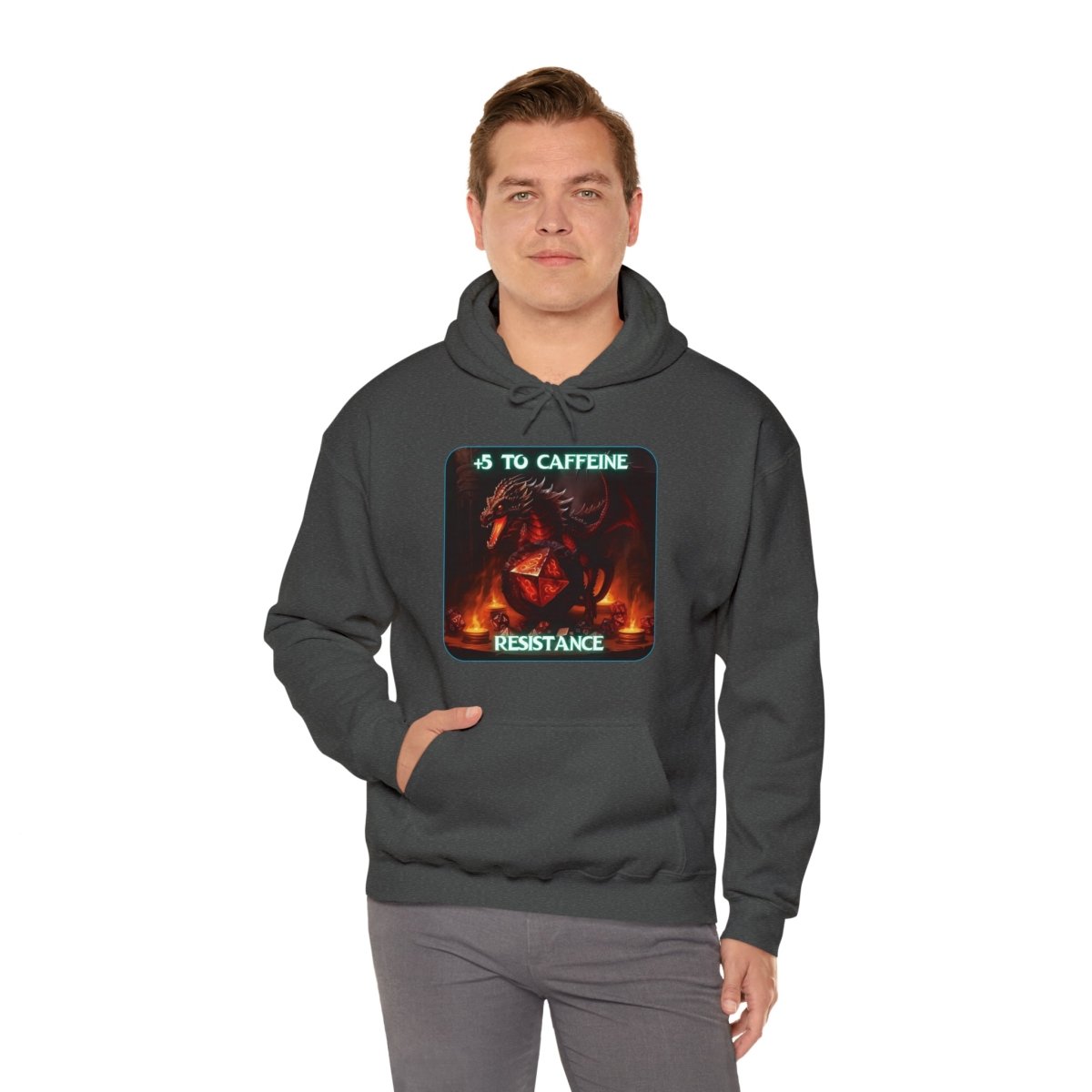 Goated Goods - D&D - +5 to Caffeine Resistance - Unisex Hoodie - Dark Heather - S