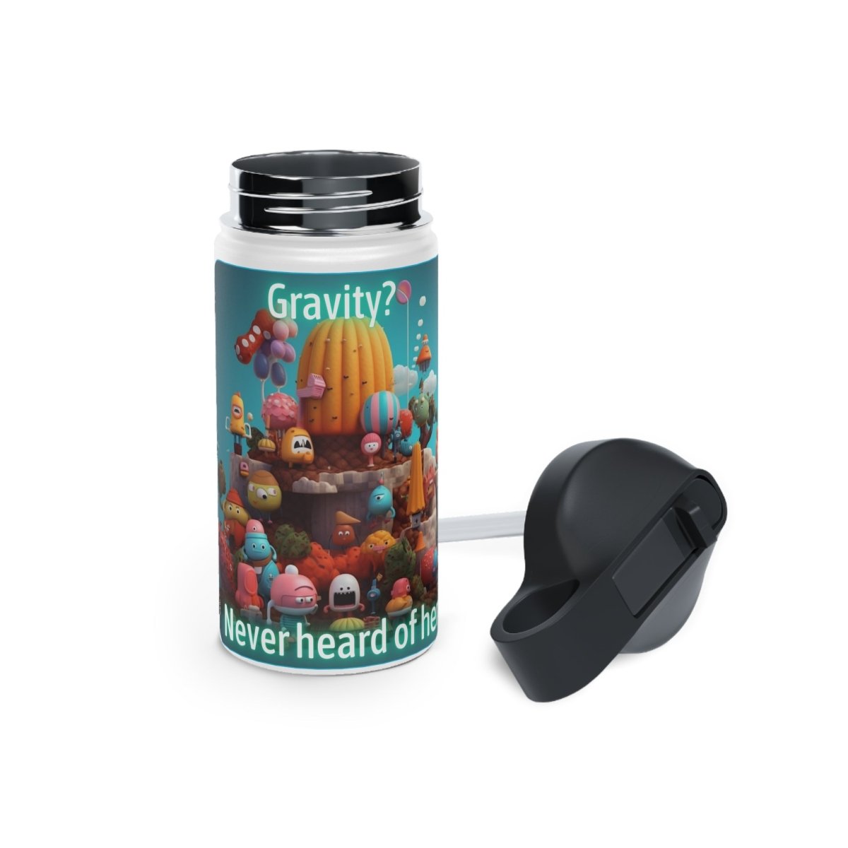 Goated Goods - Fall Guys - Gravity Never heard of her - Stainless Steel Water Bottle, Standard Lid - 12oz - White