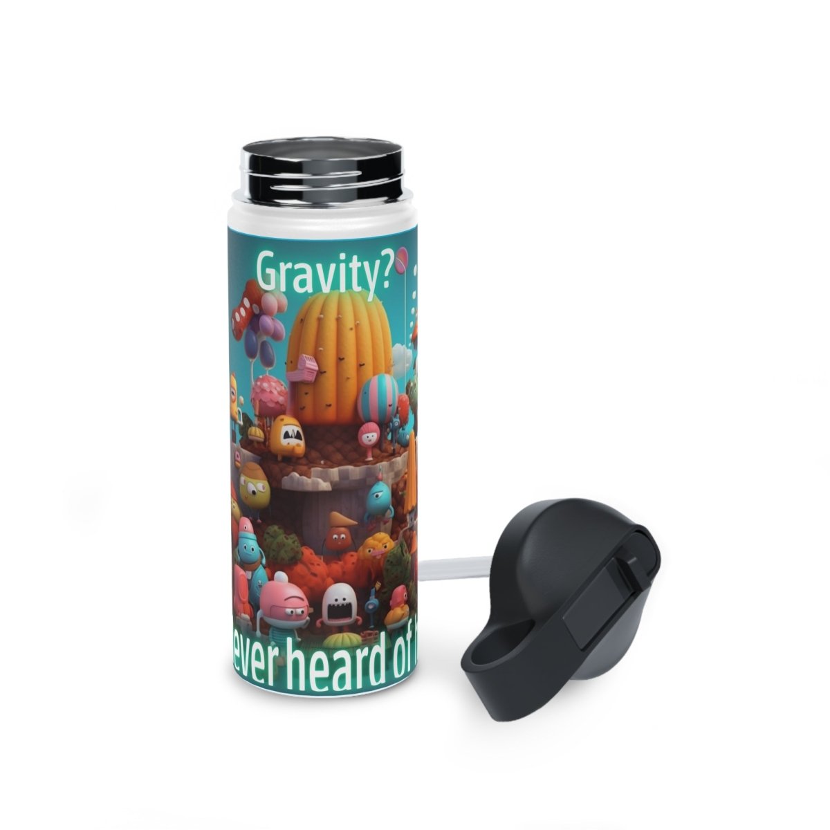 Goated Goods - Fall Guys - Gravity Never heard of her - Stainless Steel Water Bottle, Standard Lid - 12oz - White