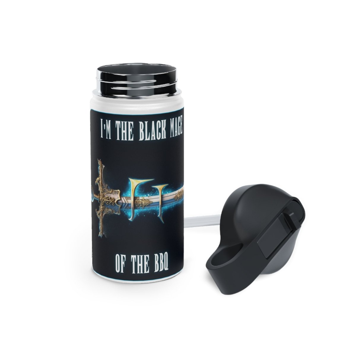 Goated Goods - Final Fantasy - I'm the Black Mage of the BBQ - Stainless Steel Water Bottle, Standard Lid - 12oz - White