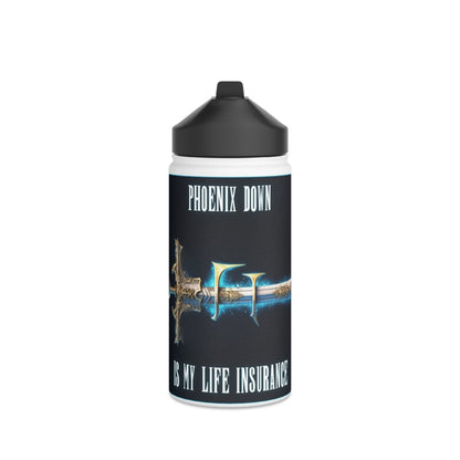 Goated Goods - Final Fantasy - Phoenix Down is my life insurance - Stainless Steel Water Bottle, Standard Lid - 12oz - White