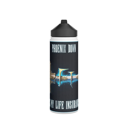 Goated Goods - Final Fantasy - Phoenix Down is my life insurance - Stainless Steel Water Bottle, Standard Lid - 18oz - White