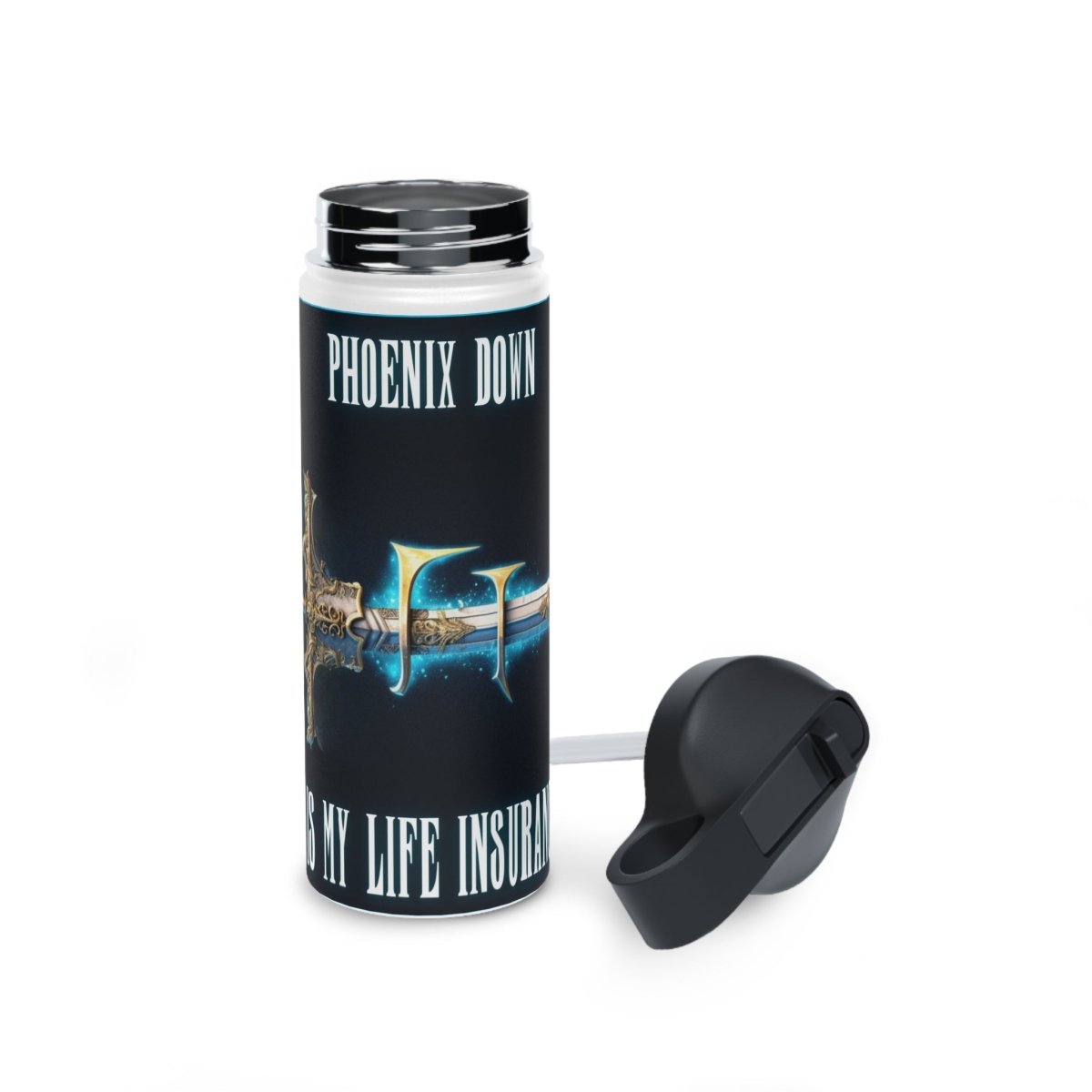 Goated Goods - Final Fantasy - Phoenix Down is my life insurance - Stainless Steel Water Bottle, Standard Lid - 18oz - White