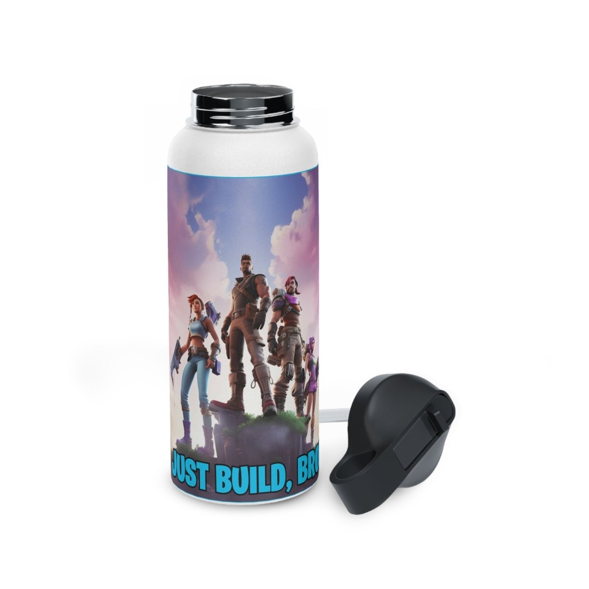 Goated Goods - Fortnite - Just Build, Bro! - Stainless Steel Water Bottle, Standard Lid - 32oz - White