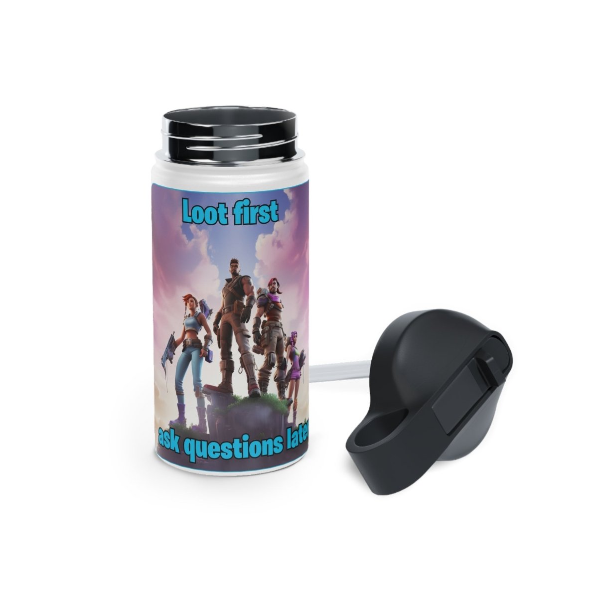 Goated Goods - Fortnite - Loot first, ask questions later - Stainless Steel Water Bottle, Standard Lid - 12oz - White