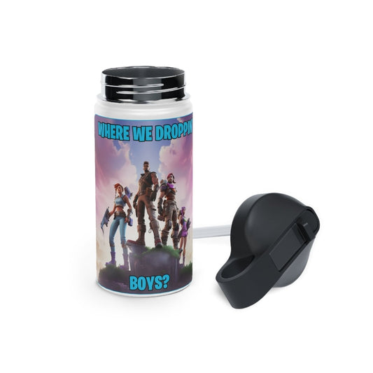 Goated Goods - Fortnite - Where We Droppin', Boys - Stainless Steel Water Bottle, Standard Lid - 12oz - White