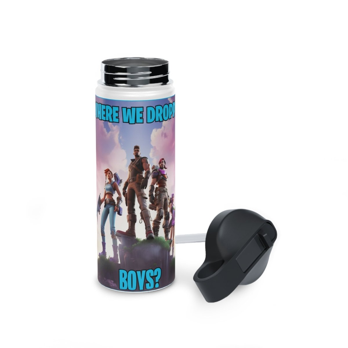 Goated Goods - Fortnite - Where We Droppin', Boys - Stainless Steel Water Bottle, Standard Lid - 18oz - White