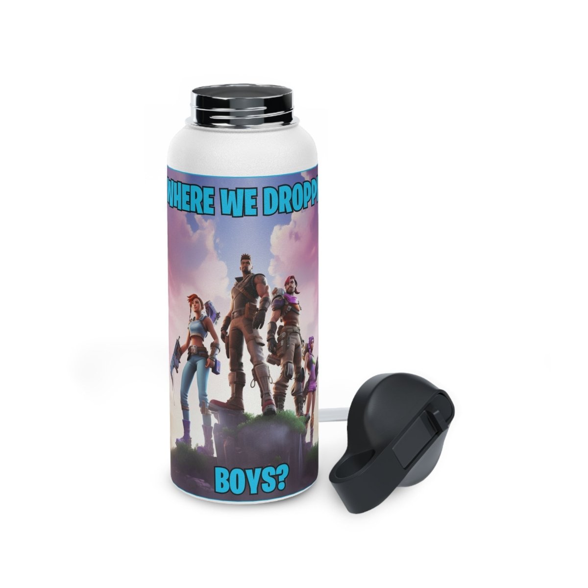 Goated Goods - Fortnite - Where We Droppin', Boys - Stainless Steel Water Bottle, Standard Lid - 32oz - White