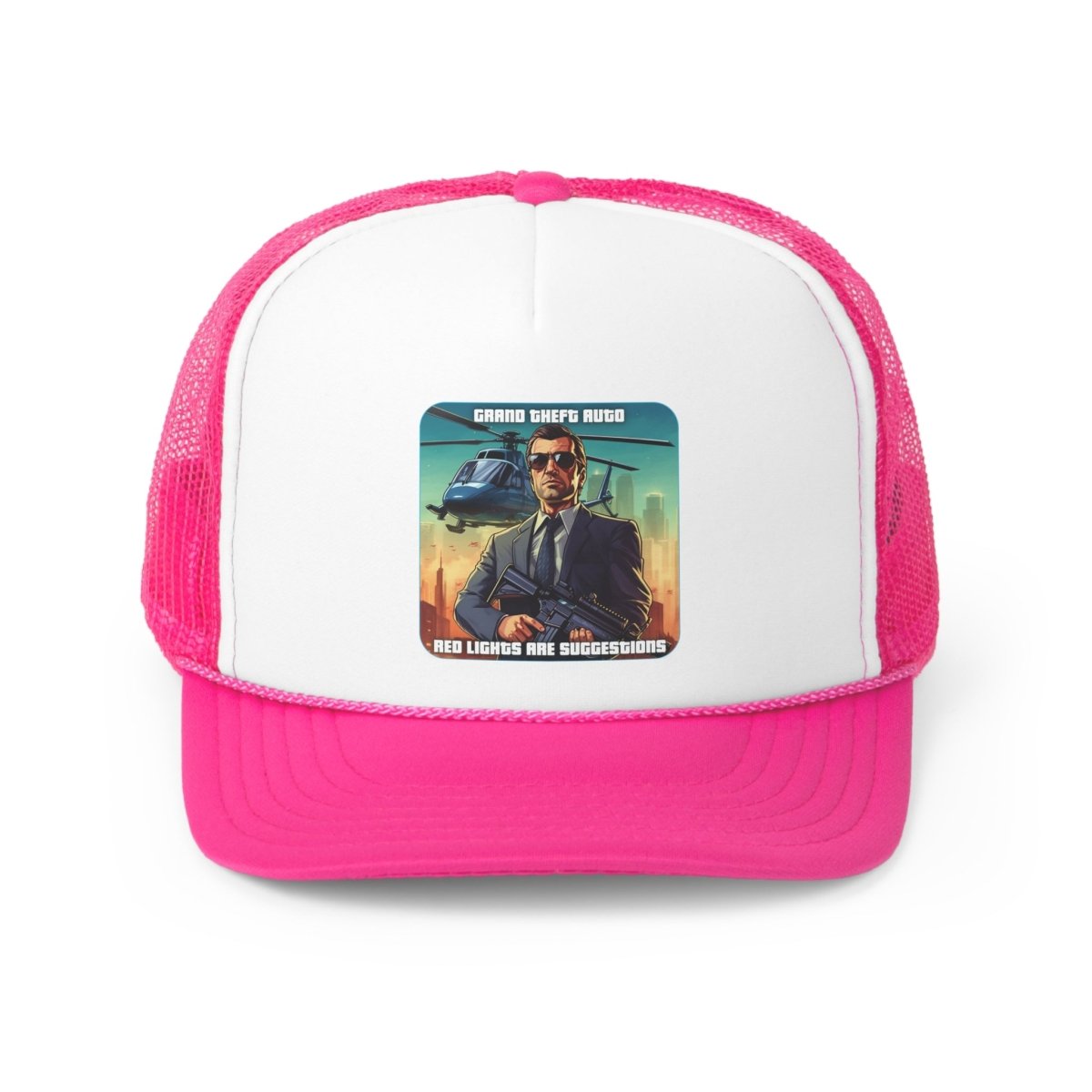 Goated Goods - Grand Theft Auto - In GTA, red lights are suggestions - Trucker Hat - Pink - One size