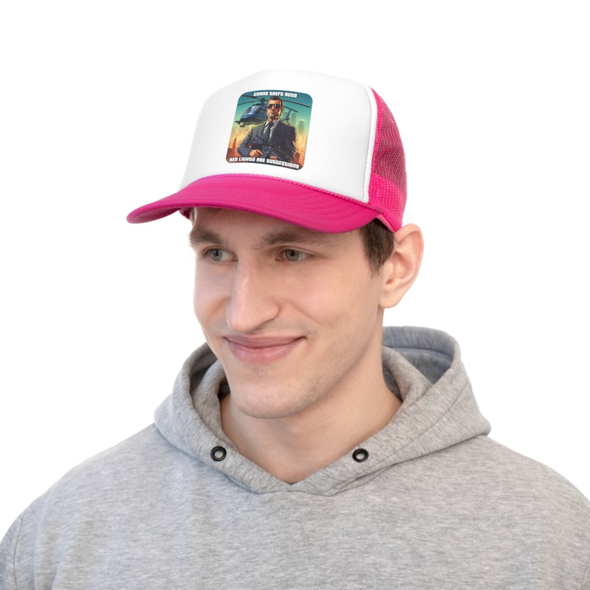 Goated Goods - Grand Theft Auto - In GTA, red lights are suggestions - Trucker Hat - Pink - One size