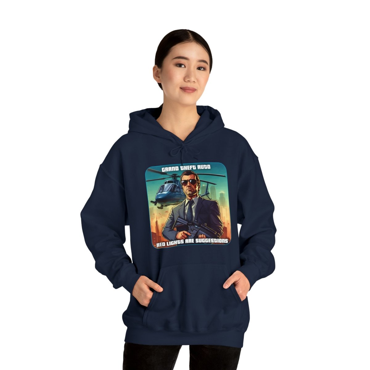 Goated Goods - Grand Theft Auto - In GTA, red lights are suggestions - Unisex Hoodie - Navy - XL