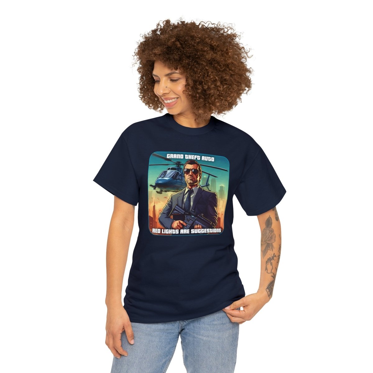 Goated Goods - Grand Theft Auto - In GTA, red lights are suggestions - Unisex T-shirt - Navy - 3XL