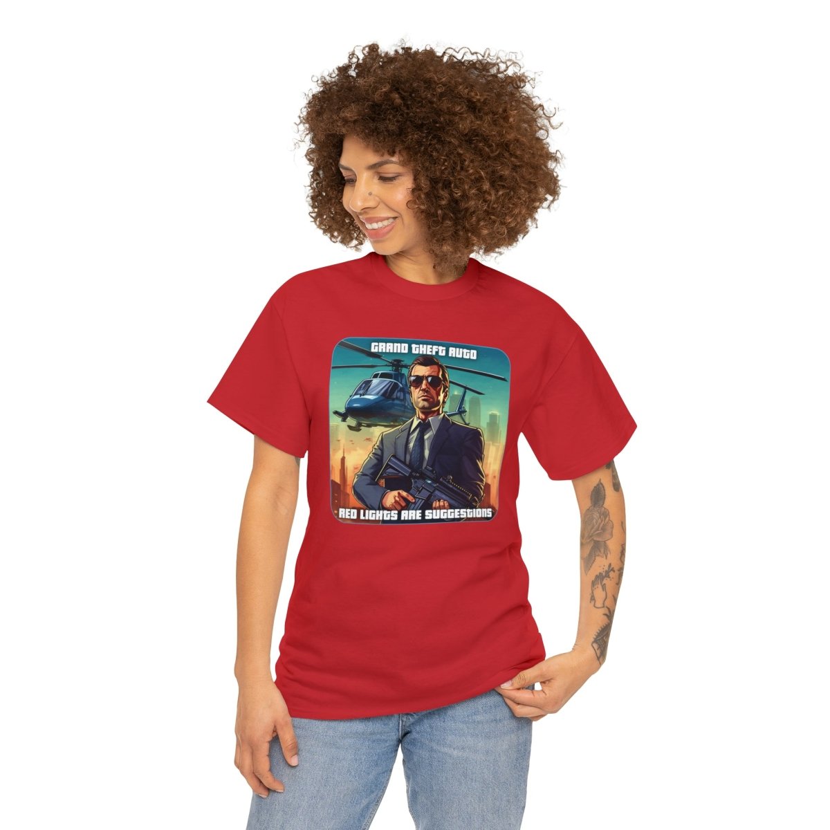 Goated Goods - Grand Theft Auto - In GTA, red lights are suggestions - Unisex T-shirt - Red - M