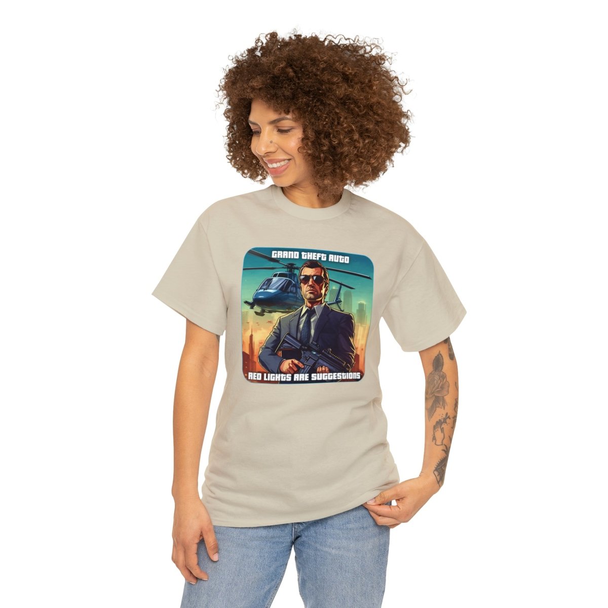 Goated Goods - Grand Theft Auto - In GTA, red lights are suggestions - Unisex T-shirt - Sand - S