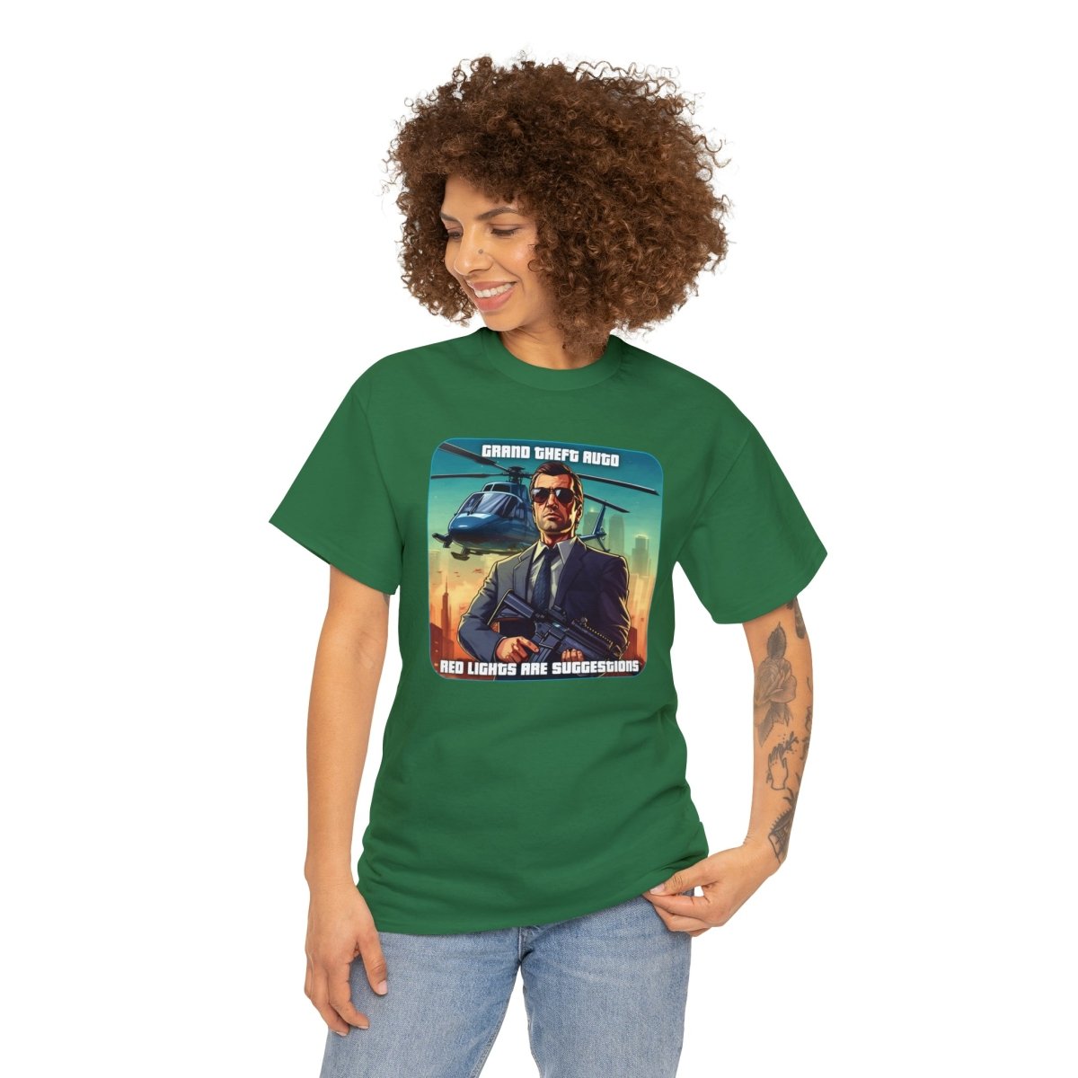 Goated Goods - Grand Theft Auto - In GTA, red lights are suggestions - Unisex T-shirt - Turf Green - XL