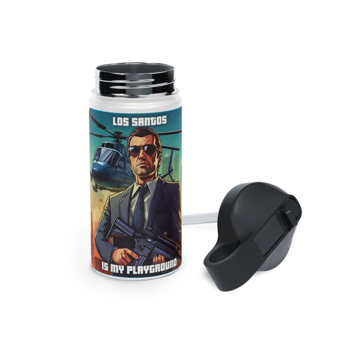 Goated Goods - Grand Theft Auto - Los Santos is my playground - Stainless Steel Water Bottle, Standard Lid - 12oz - White