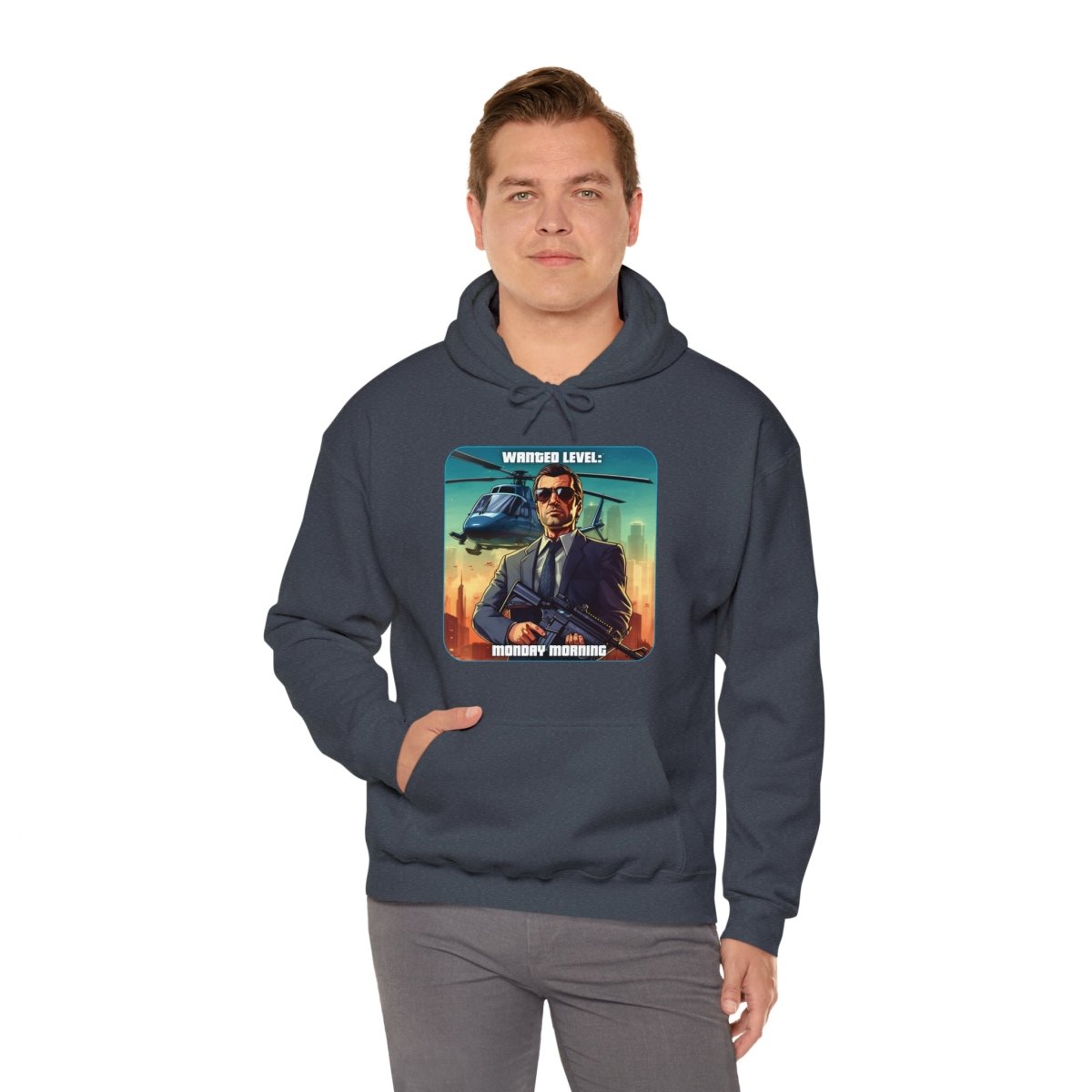 Goated Goods - Grand Theft Auto - Wanted Level Monday Morning - Unisex Hoodie - Heather Navy - S