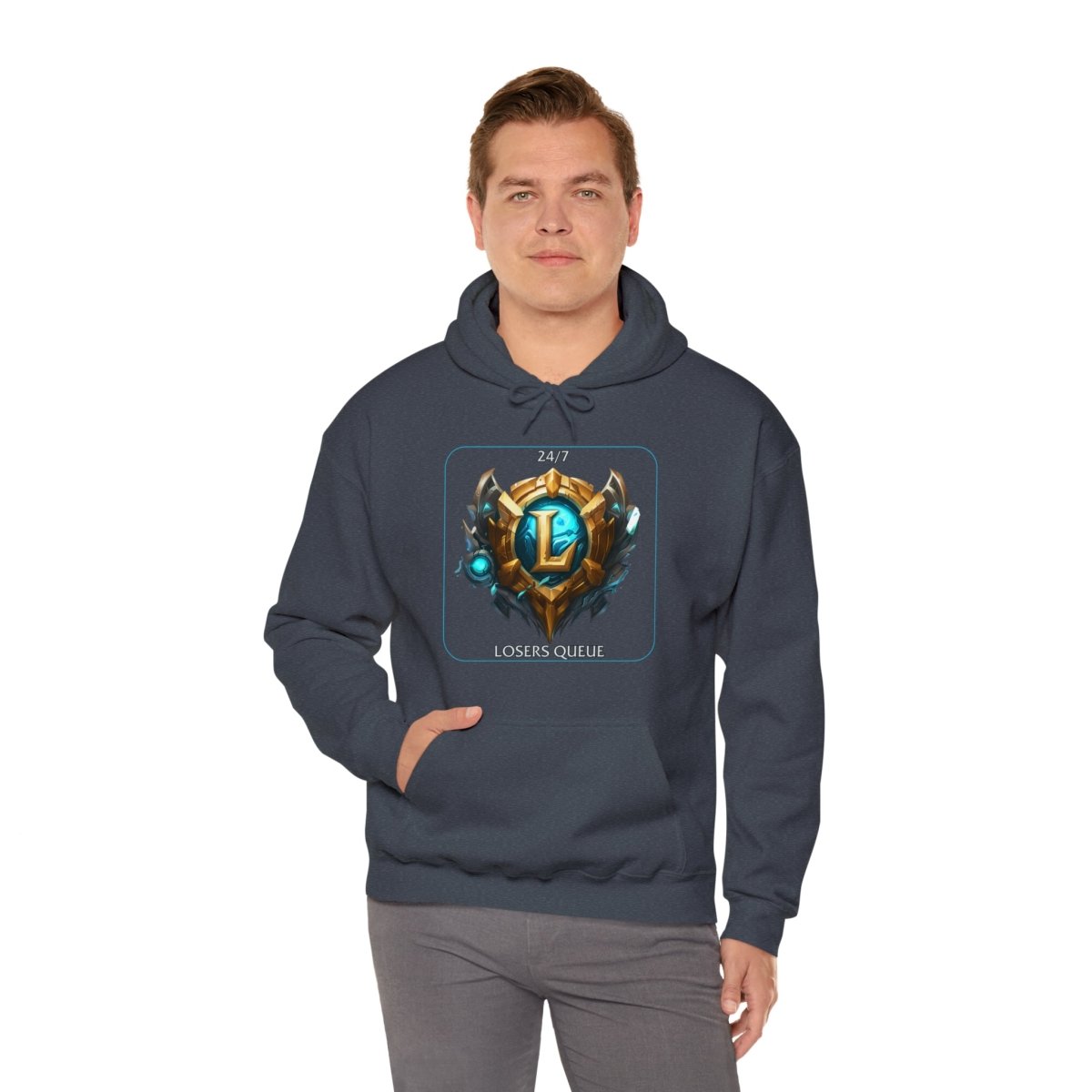 Goated Goods - League of Legends - 247 Losers Queue - Unisex Hoodie - Heather Navy - XL