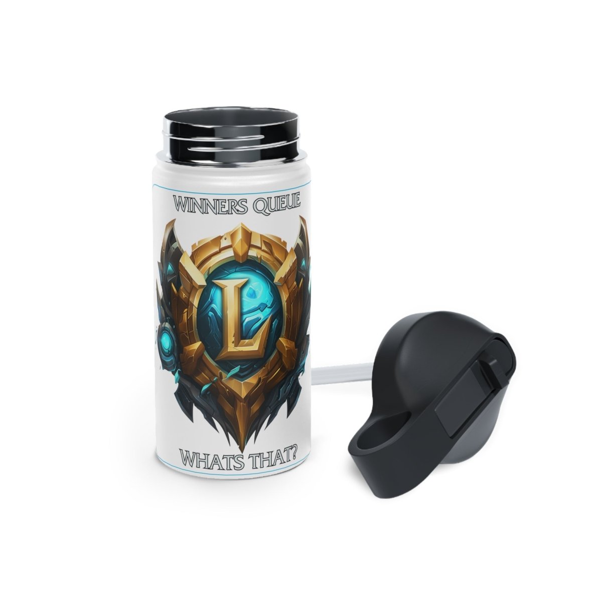 Goated Goods - League of Legends - Winners Queue What's That - Stainless Steel Water Bottle, Standard Lid - 12oz - White