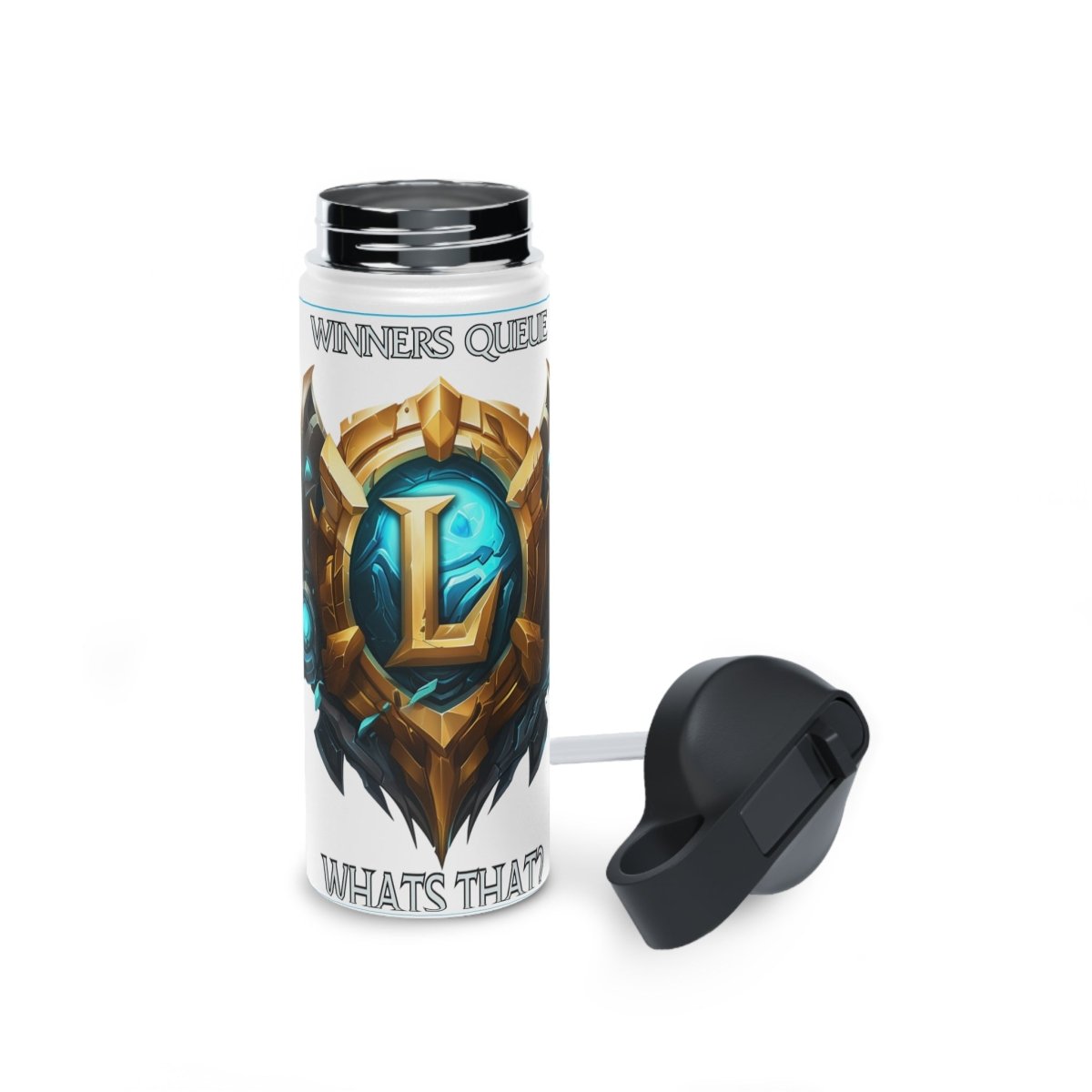 Goated Goods - League of Legends - Winners Queue What's That - Stainless Steel Water Bottle, Standard Lid - 18oz - White