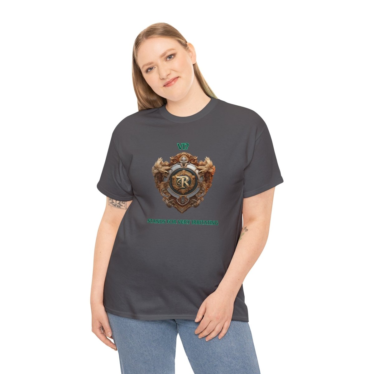 Goated Goods - Legends of Runeterra - Vi Stands for 'Very Irritating - Unisex T-shirt - Charcoal - S