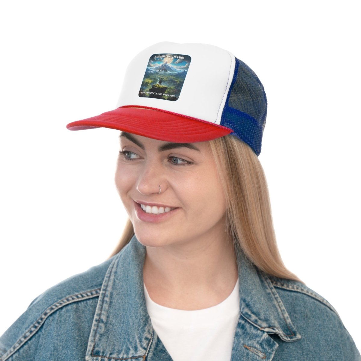 Goated Goods - Link - Cooking with Link, Now You're Playing with Fire - Trucker Hat - Blue/Red - One size