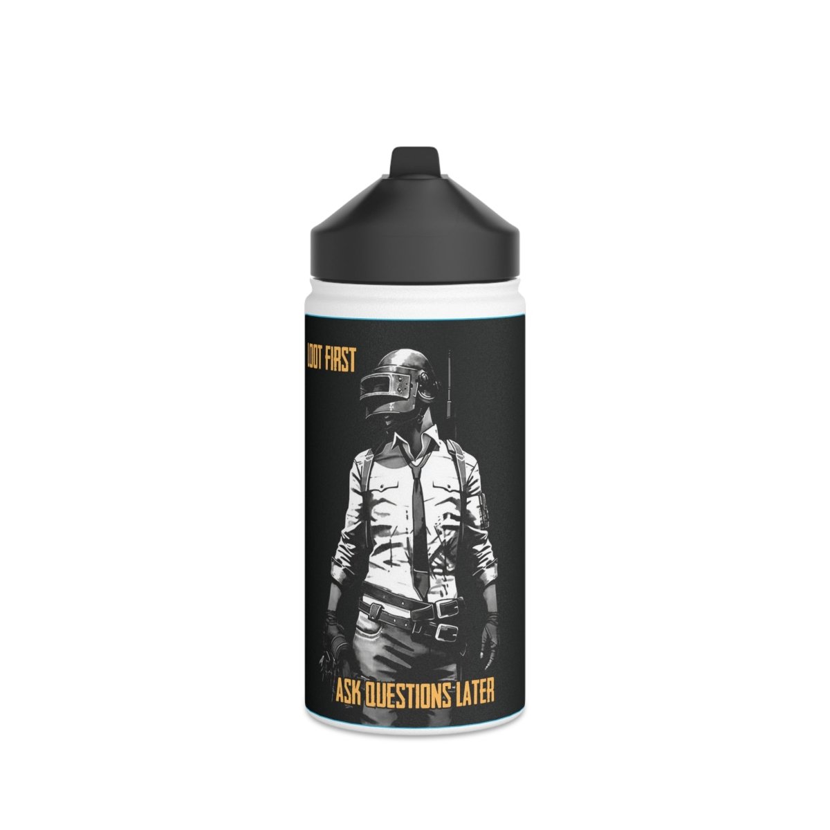 Goated Goods - PUBG - Loot First, Questions Later - Stainless Steel Water Bottle, Standard Lid - 12oz - White