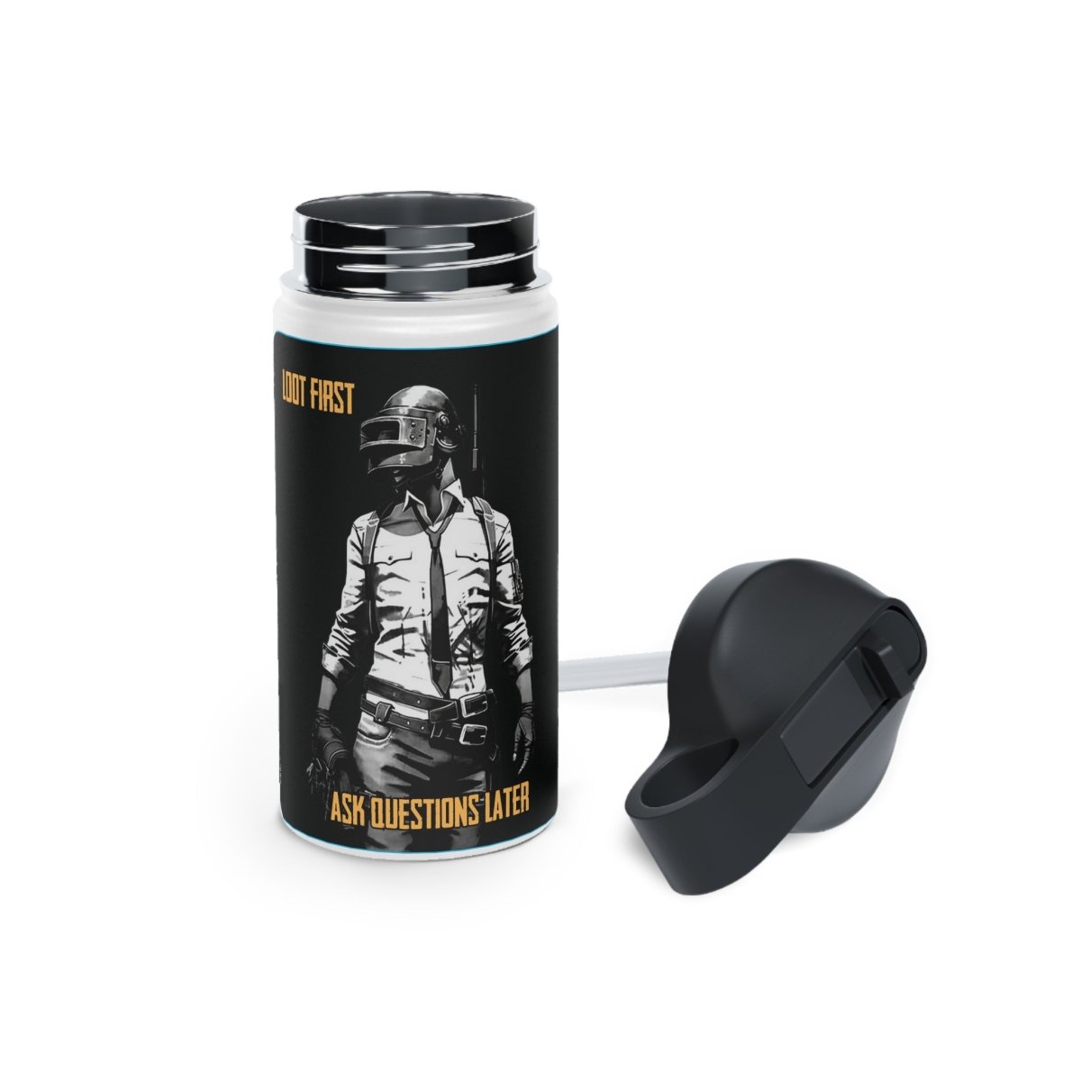 Goated Goods - PUBG - Loot First, Questions Later - Stainless Steel Water Bottle, Standard Lid - 12oz - White