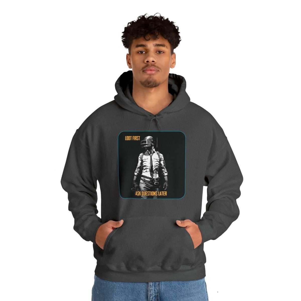 Goated Goods - PUBG - Loot First, Questions Later - Unisex Hoodie - Dark Heather - S