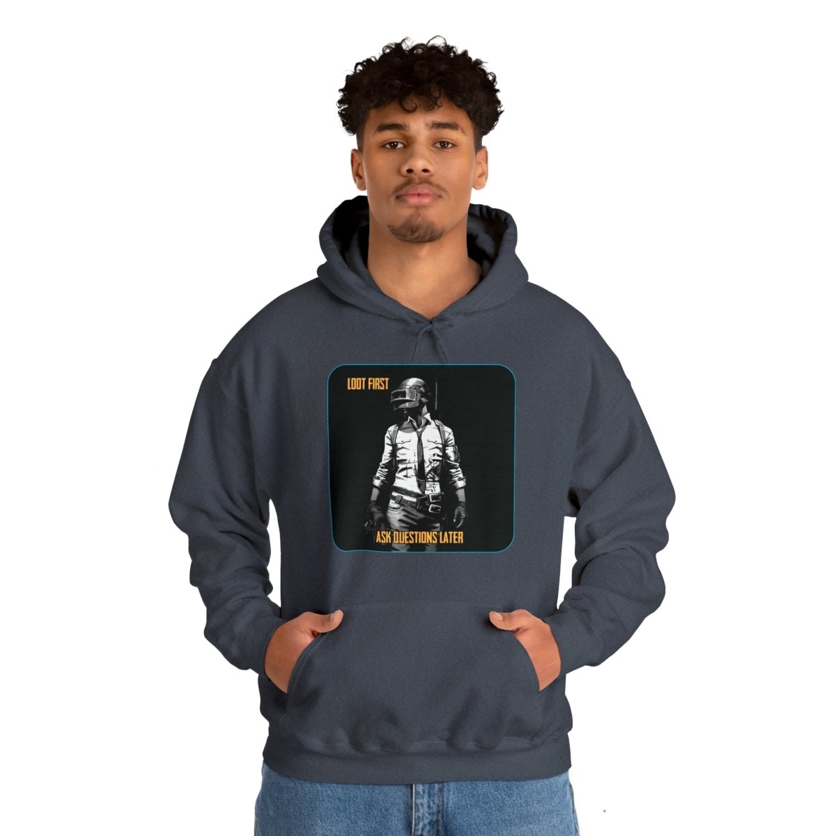 Goated Goods - PUBG - Loot First, Questions Later - Unisex Hoodie - Heather Navy - S