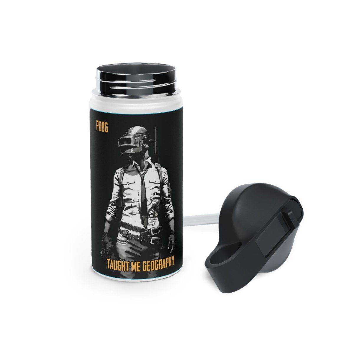 Goated Goods - PUBG - PUBG Taught Me Geography - Stainless Steel Water Bottle, Standard Lid - 12oz - White