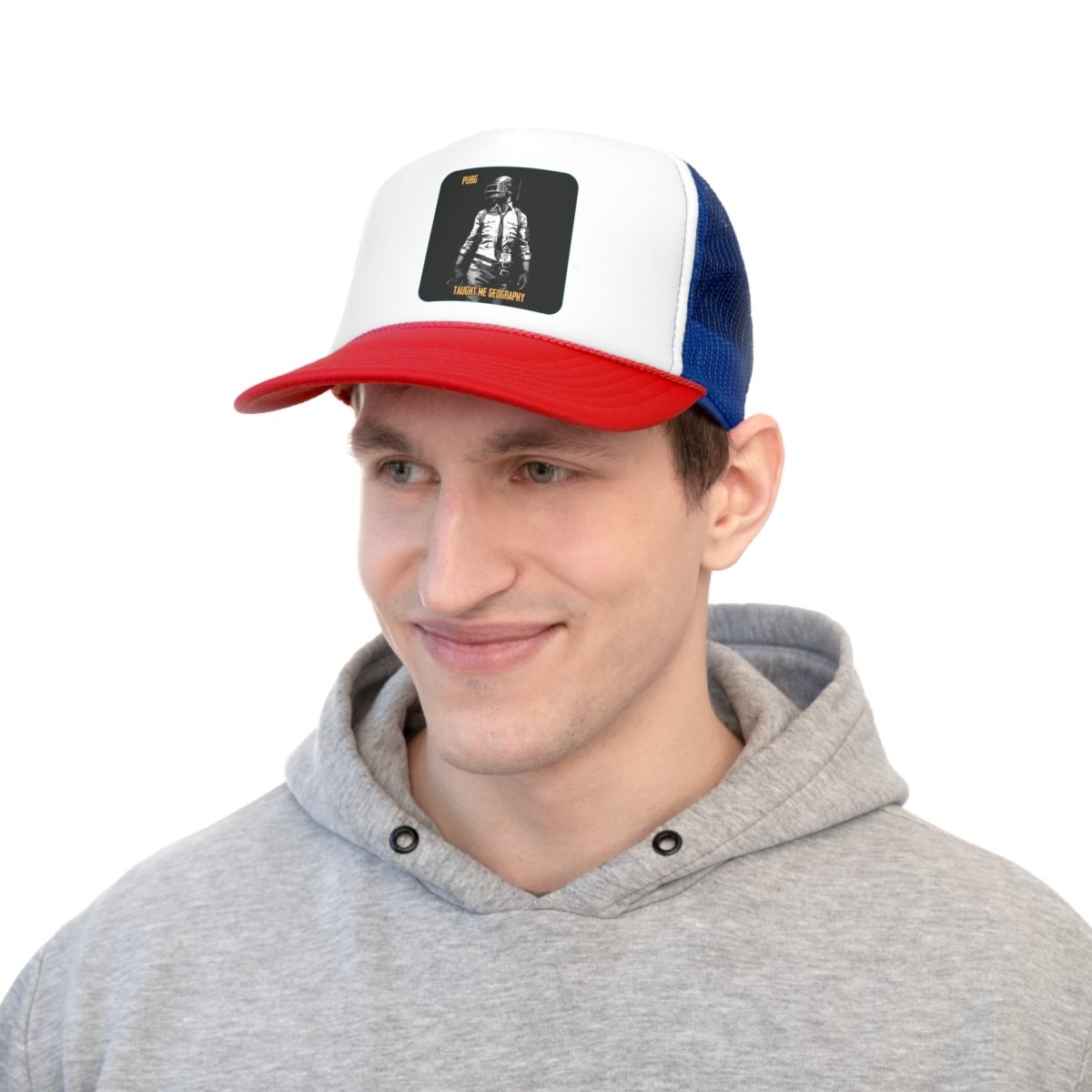 Goated Goods - PUBG - PUBG Taught Me Geography - Trucker Hat - Blue/Red - One size